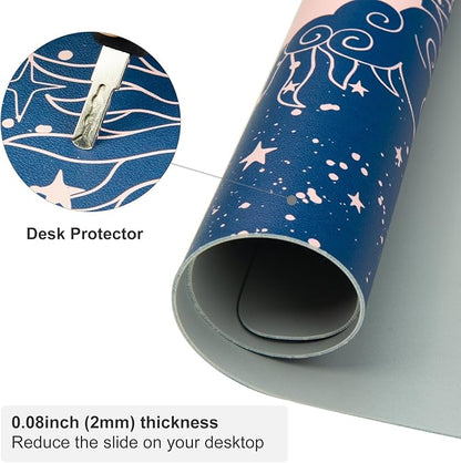 Colorful Star Starry Sky Large Desk Pad, Celestial Moon and Sun Extended Gaming Mouse Pad Non-Slip Desk Mat, Leather Blue Keyboard Mat for Desktop Gaming Accessories 31.5"x15.7"