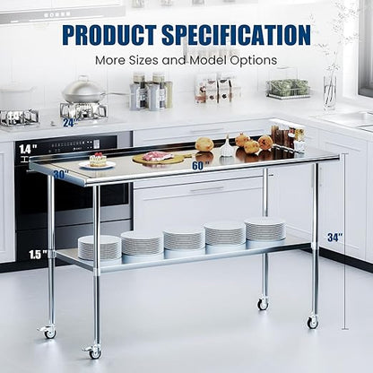 Stainless Steel Table with Wheels 30 x 60 Inches Metal Food Prep Table with Backsplash & Adjustable Undershelf, Utility Table for Kitchen, Outdoor, Restaurant, Bar & Garage