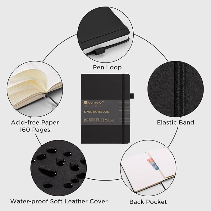 A5 Lined Leather Journal and Pen Set, Hardcover Notebook with Pen, 160 Pages 100gsm Thick Ruled Paper for Men Women, for Work, Business, School or Home Writing, 5.7'' x 8'', Gift Box Included(Black)