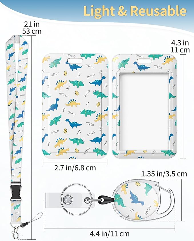 Uniclife Fashionable Sliding Badge Holder Cartoon Dinosaur Plastic Case with Retractable Badge Reel Carabiner Clip & Detachable Lanyard Strap Vertical Card Protector for Women Nurse Teacher Student
