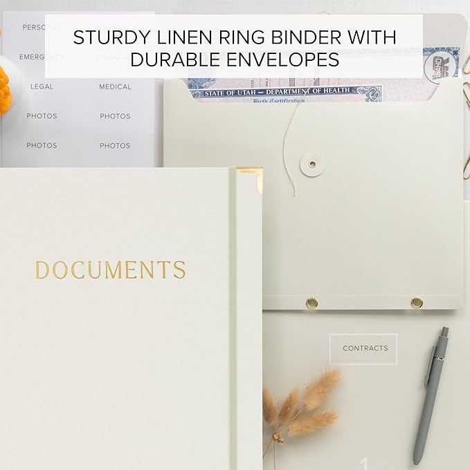 Aesthetic Document Organizer - Sturdy Linen 3-Ring Binder Safely Stores All Your Important Documents and Files in One Place - Easy to Use Expanding Storage Folder Incl. Envelopes, Pockets & Labels
