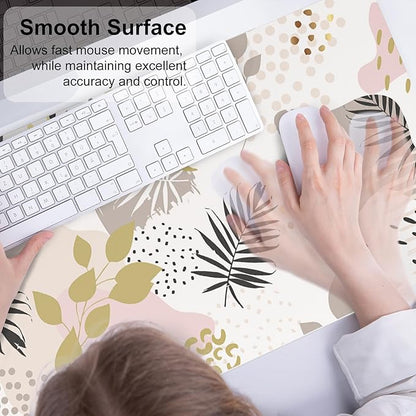 QIYI Large Mouse Pad, Exotic Pattern Desk Mat for Desktop, Women Girls Office Décor Desk Accessories, PU Leather Waterproof Gaming Mousepad, Tropical Plants Gold Desk Pad Computer Mat, 31.5" x 15.7"