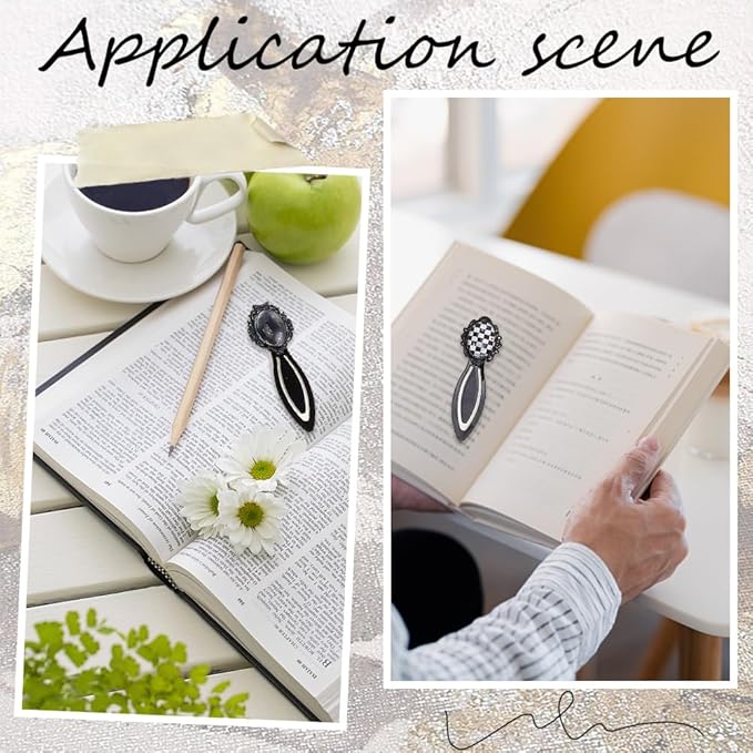 SUNNYCLUE 1 Box 12Pcs DIY 6 Sets Cabochon Bookmark Retro Style Black Metal Bookmarks Blanks Glass Dome Vintage Bookmark Bezel Tray Book Marks Clip Round Oval Clear Cabochons for Bookworm DIY Crafts