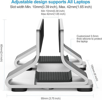 Aluminum Vertical Laptop Stand Dock Holder, Adjustable Slot Width 12-42mm, Space-Saving Upright Storage for MacBook and Laptops
