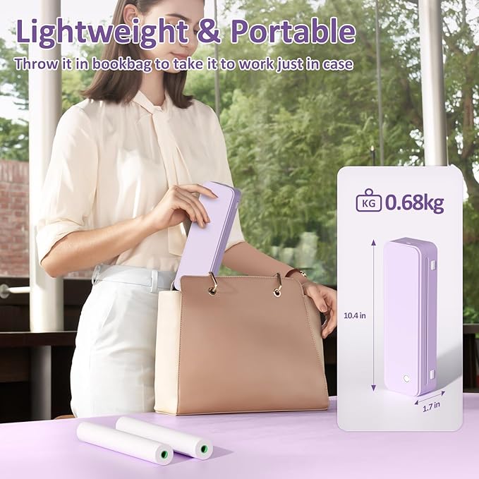 Inkless Portable Printer for Travel, Wireless Thermal Printer Supports 8.5 x 11 Inch US Letter Size, Bluetooth Machine Includes Carry Case and 3 Rolls of Thermal Paper Kit, Purple