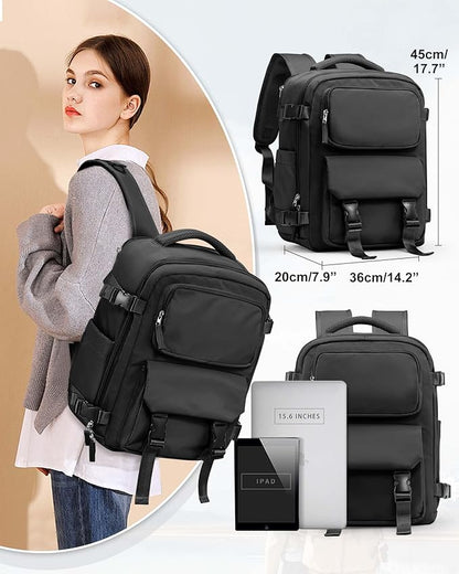 Large Black Travel Backpack for Women Men, Carry On Backpack with USB Charging Port & Shoe Pouch, TSA 15.6inch, Flight Approved, College Nurse Bag Casual Laptop Daypack for Weekender Business Hiking