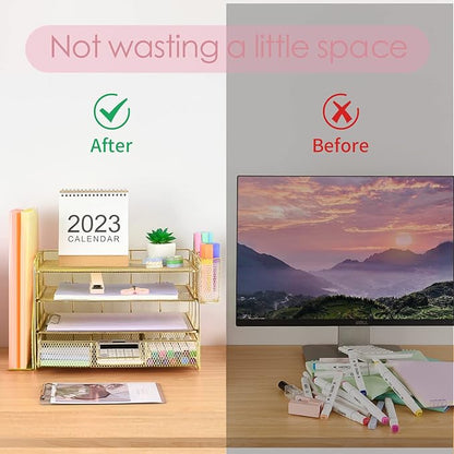 Desk Organizers and Accessories, Desk Accessories & Workspace Organizers for Office Supplies, File Organizer Desk Drawer Organizer with 2 Pen Holders, 4 Tier Paper Organizer for Desk (Gold)