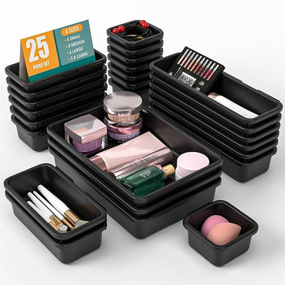 25 PCS Drawer Organizer Set, 4 Size Makeup Drawer Divider Organizer With Non-Slip Pads, Interlocking Plastic Storage Bins for Office,Jewelry Vanity,Gadgets, Bathroom,Kitchen, Black