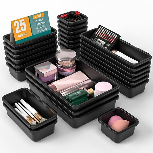 25 PCS Drawer Organizer Set, 4 Size Makeup Drawer Divider Organizer With Non-Slip Pads, Interlocking Plastic Storage Bins for Office,Jewelry Vanity,Gadgets, Bathroom,Kitchen, Black