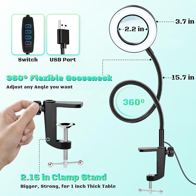 10X Magnifying Glass with Light, Clip on Mganifier with Light, 48 LED Desk Magnifying Glass wtih Clamp,3 Modes Dimmable Magnifying Lamps for Bed Work Crafts DIY Repair Jewellery