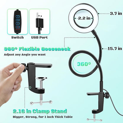 10X Magnifying Glass with Light, Clip on Mganifier with Light, 48 LED Desk Magnifying Glass wtih Clamp,3 Modes Dimmable Magnifying Lamps for Bed Work Crafts DIY Repair Jewellery