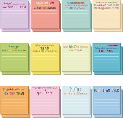 Yinder 24 Pcs Team Sticky Notes Team Appreciation Gifts Bulk Employee Coworker Inspirational Sticky Notes Pad Appreciation Gifts for Teacher Nurse Office Supplies 3 x 3''(Light Color,Appreciation)