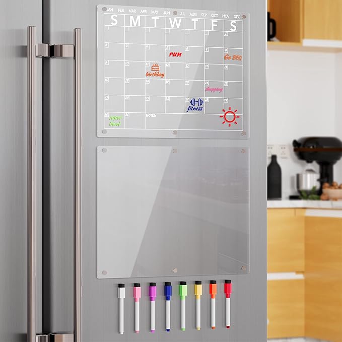 Acrylic Magnetic Dry Erase Board Calendar for Fridge, Clear Monthly Planner and Memo Whiteboard for Refrigerator, w/ 8 Colors Markers, 15 x 11"