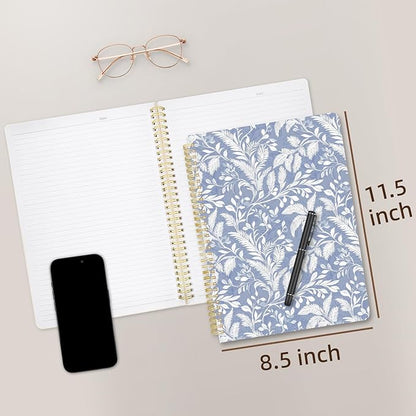 Cute Spiral Notebook journal A4 Aesthetic Pretty Design for Women Girls Kawaii with Pocket, 8.5 x 11 inch, Lined, Blue Leaves