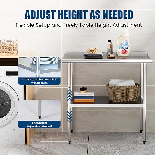 Stainless Steel Table 18 x 36 Inches Metal Prep Table with Backsplash & Adjustable Undershelf for Commercial Kitchen, Outdoor, Restaurant, Hotel & Garage