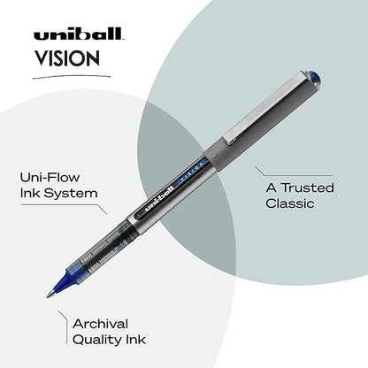 Uni-ball® Vision™ Rollerball Pens, Fine Point, 0.7 mm, Gray Barrel, Blue Ink, Pack Of 12