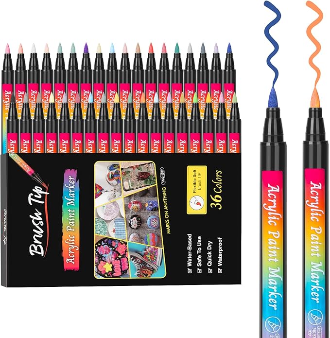 SMOOTHERPRO 36 Acrylic Paint Pens, Brush Tip (1-6mm) Acrylic Paint Markers, Fabric Markers for Textile, Canvas, Rock, Glass, Wood, Paper, Pumpkin, DIY