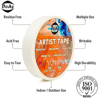4 Pack White Artist Tape - Art Masking Tape for Watercolor Paper, Canvas Acrylic Painting, Curves, Framing, Paint, Gouache, Console - Acid Free Drafting Tape 1/2" (0.50") Wide - 360FT Total