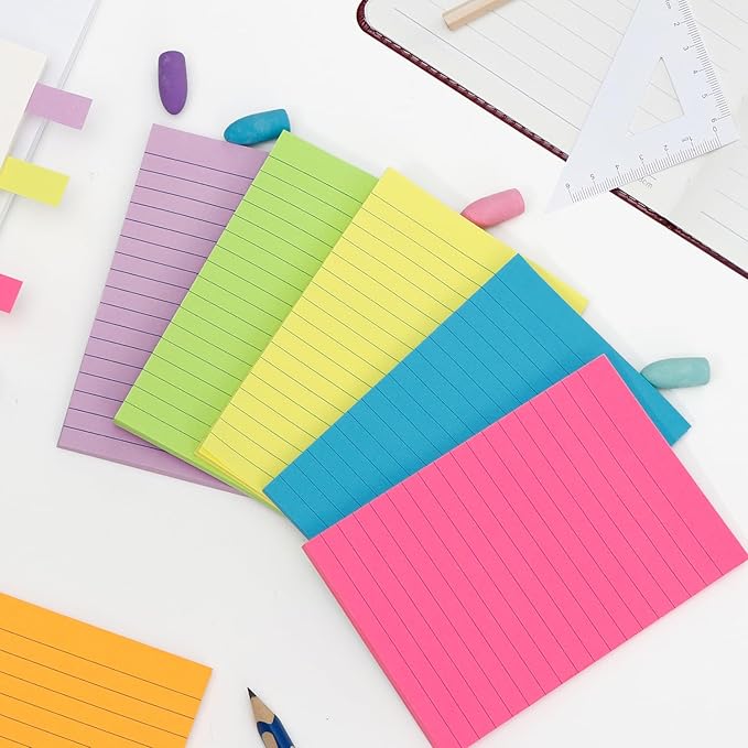 Upgraded 6 Color Lined Sticky Notes & Index Tabs Set, Bright Color Strong Adhesive 4x6 Inch Sticky Note Pads with Lines and Index Strips for Office Study Book (45 Sheets/Pad, 12 Pads)