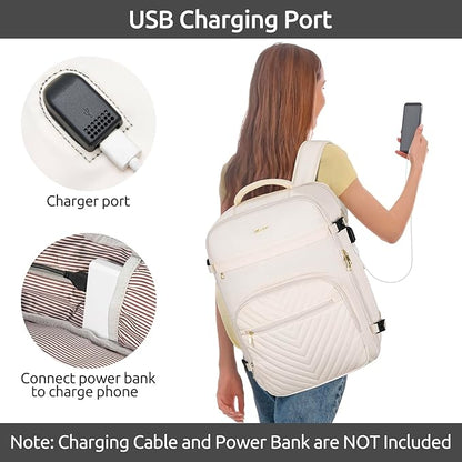 Travel Backpack for Women, Carry On Backpack for Airplanes Flight Approved, Waterproof Large Weekender Overnight Bag Fit 17 Inch Laptop with USB Charging Port, Beige