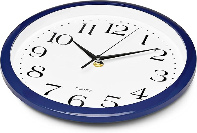 Bernhard Products Navy Wall Clock Silent Non Ticking - 10 Inch Quality Quartz Battery Operated Round Easy to Read Home/Kitchen/Office/Classroom/School Clock