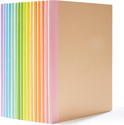 feela 16 Pack Composition Notebook Bulk, Kraft Cover Lined Blank College Ruled Travel Journals with Pastel Color Spine For Women Students Office, 60 Pages, 8.3”x 5.5”, A5, 8 Pastel Colors