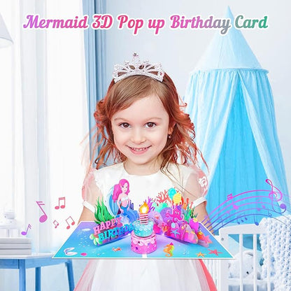 Birthday Card with Light&Music, Mermaid 3D Pop up Greeting Cards with Blowable Candle Birthday Gifts for Women Girls Daughter Sister Kids
