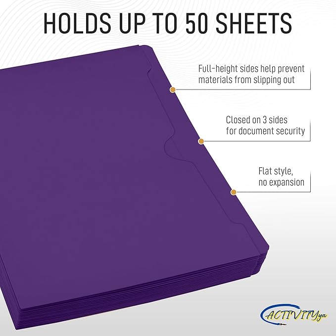 Purple File Jackets, Flat-No Expansion, Letter Size, Reinforced Straight-Cut Tab, 10 Pack