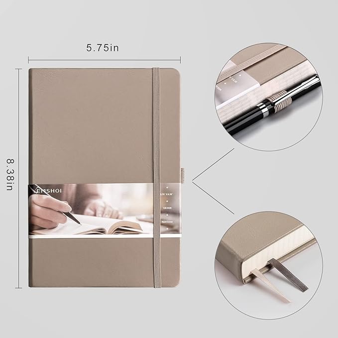 EMSHOI Graph Paper Notebook - 256 Pages A5 Graph Notebook/Journal, Hard Cover, 120gsm Thick Paper, Smooth PU Leather, Inner Pocket, 5.75" x 8.38"-Khaki