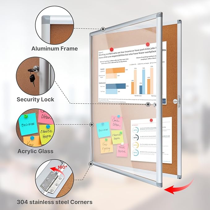 Outdoor Enclosed Cork Bulletin Board Tamper-Proof Dispaly Case, Aluminium Frame, Weatherproof Cork Noticeboard, Enclosed Cork Board for School, Office, Restaurant, Hospital etc（36 * 24inches）