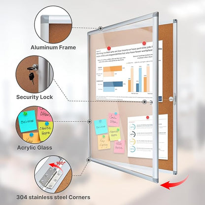 Outdoor Enclosed Cork Bulletin Board Tamper-Proof Dispaly Case, Aluminium Frame, Weatherproof Cork Noticeboard, Enclosed Cork Board for School, Office, Restaurant, Hospital etc（36 * 24inches）