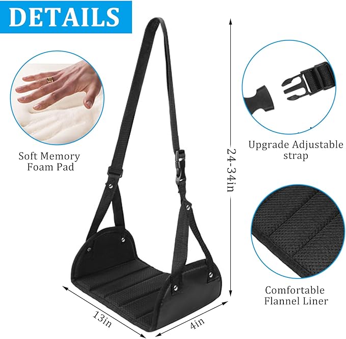 2 Pack Airplane Foot Rest, Airplane Foot Hammock with Premium Memory Foam, Adjustable Length Foot Hammock for Plane Travel, Airplane Footrest Relax Your Feet in The Train Office&Home, Black