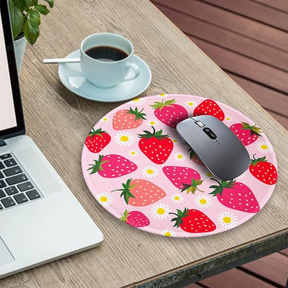 Gctriki Strawberry Mouse Pads for Desk, with Stitched Edge Non-Slip Rubber Base, Cute Small Round Comfortable Computer Mousepad for Laptop Gaming Work, Cute Office Desk Accessories Decor Supplies