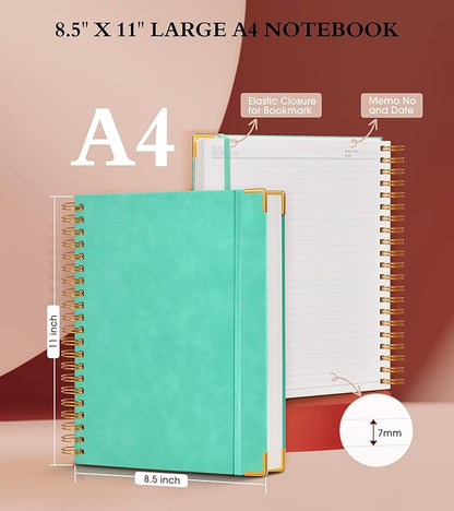 Spiral Notebook Journal 8.5” x 11”, 300 Pages Hardcover Leather Lined Journals for Women Men, A4 Large College Ruled Notebooks with 100 GSM Thick Paper, Spiral Journal for Writing Work School, Teal