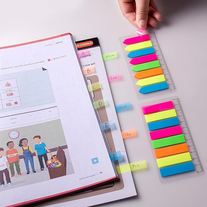 Golcellia Fluorescent Translucent Sticky Tabs, 1600 Pcs Total, Pack of 8 Colors, Arrow and Strip Sticky Notes, Small Page Flags