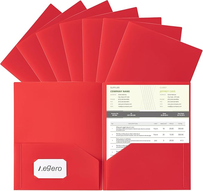 Plastic Folders with Pockets (7 Pack, Red), Durable Heavy Duty File Folders with Business Card Slot, 2-Pocket Folder for Schoolwork & Office,Letter Size
