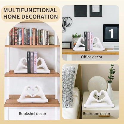 White Decorative Bookends for Shelves, Heart Hands Book Ends Sculpture Aesthetic Decor for Bedroom Living Room Merch Apartment Bookshelf Birthday Women Decorations Stuff Aesthetic