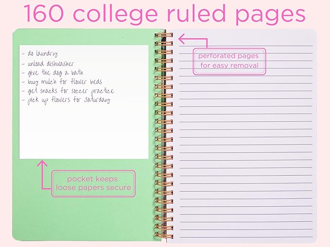 Steel Mill & Co Cute Green Mini Spiral Notebook, 8.25" x 6.25" Journal with Durable Hardcover and 160 Lined Pages, Mint Floral