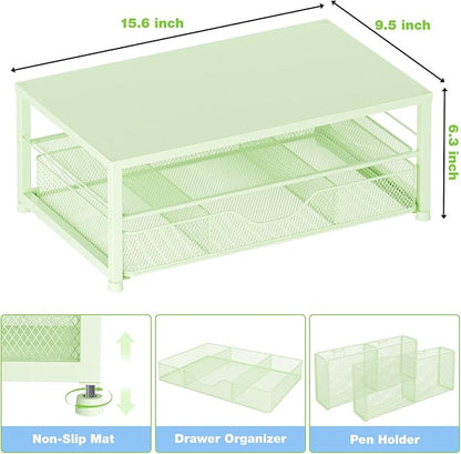 Desk Organizers and Accessories, 2-Tier Computer Monitor Stand for Desk Organizer with Drawer and 2 Pen Holders, Office Desk Accessories Workspace Desktop Organizers for Office Supplies, Green