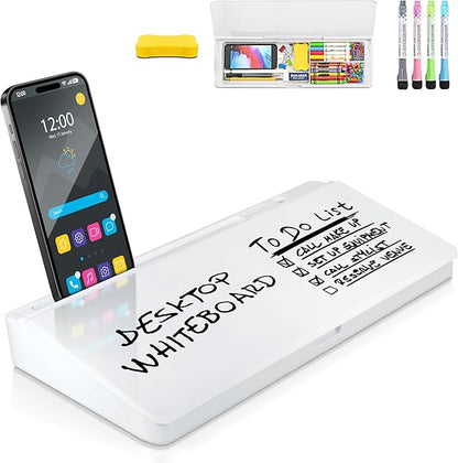 Desktop Whiteboard - Glass Dry Erase White Board- Desk Computer Buddy – Home Office & Studying Essentials - Desktop Pad with Phone & Tablet Slot, Storage Compartment - Includes 4 Markers, 1 Eraser