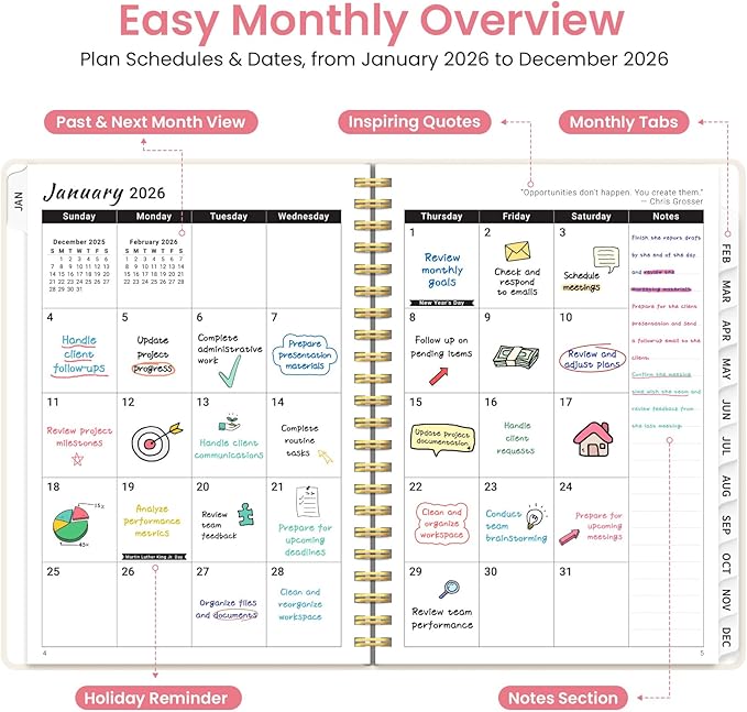 2026 Planner, Weekly and Monthly Planner for Women, January 2026 to December 2026, Pretty Hardcover 2026 Calendar Planner Book with Tabs, Inner Pocket, Spiral Bound, Perfect Office Home School Supplies - 6.3" x 8.5", Whimsical Bits