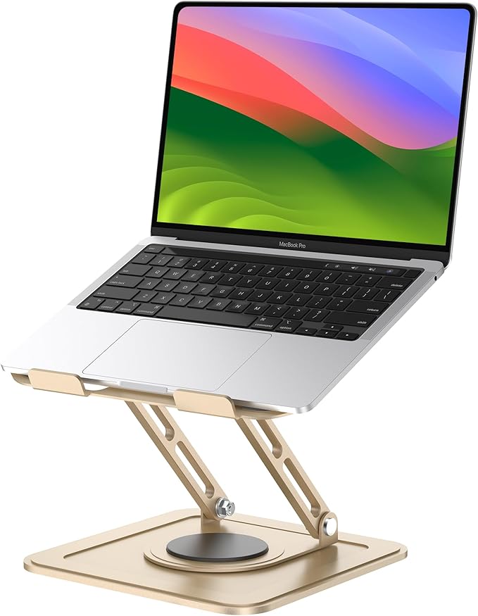 Laptop Stand for Desk,Adjustable Computer Stand with 360 Rotating Base,Ergonomic Laptop Riser Foldable Laptop Mount Protable Computer Stand for Laptop Compatible with MacBook Pro/Air 10-16",Gold