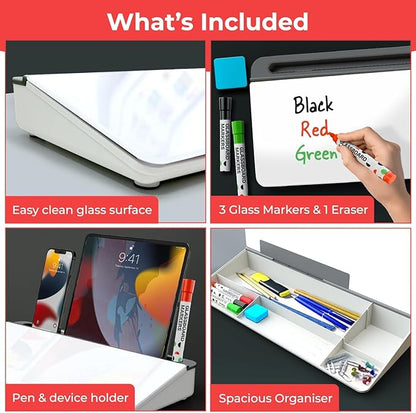 Chalkola Glass Desktop Whiteboard with Storage - Dry Erase Board, Work Desk Organizers, Computer Keyboard Stand, Home Office Desk Accessories, Small White Board, Workspace Desktop Buddy + 3 Markers