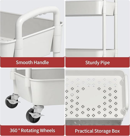 Sywhitta 3-Tier Plastic Rolling Utility Cart with Handle, Multi-Functional Storage Trolley for Office, Living Room, Kitchen, Movable Storage Organizer with Wheels, White