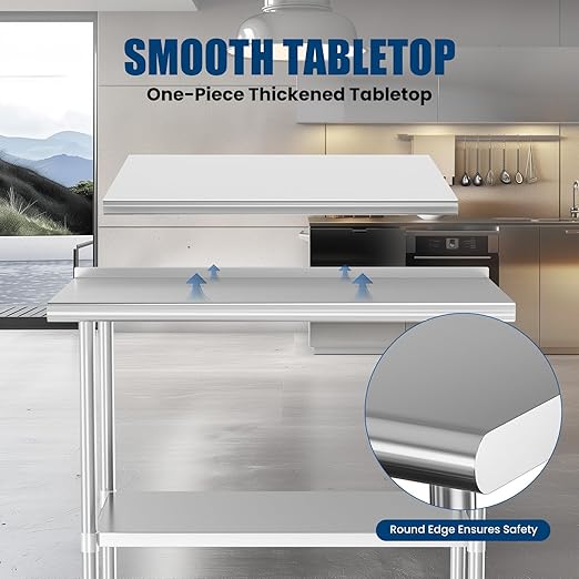 Stainless Steel Table 30 x 36 Inches Metal Prep Table with Backsplash & Adjustable Undershelf, Stainless Table for Commercial Kitchen, Outdoor, Restaurant, Hotel & Garage