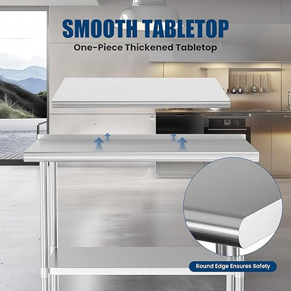 Stainless Steel Table 30 x 36 Inches Metal Prep Table with Backsplash & Adjustable Undershelf, Stainless Table for Commercial Kitchen, Outdoor, Restaurant, Hotel & Garage