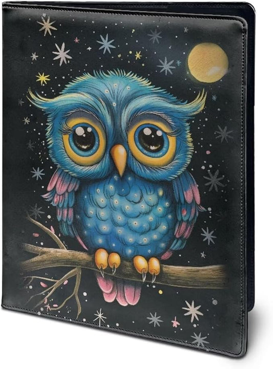 Office Folder Cute Owl Print PU Leather Padfolio with A4 Size Clipboard Clip for Business Resume Interview Document Sleeve Binder Folder for Men/Women