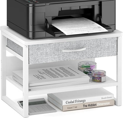 MARTY Printer Stand with Storage Drawer for Desk, 2-Tier Desktop Printer Stand Shelf Organzier for Home Office Printer Riser Under Desk Small Printer Table for Fax Machine Copier Scanner (White)