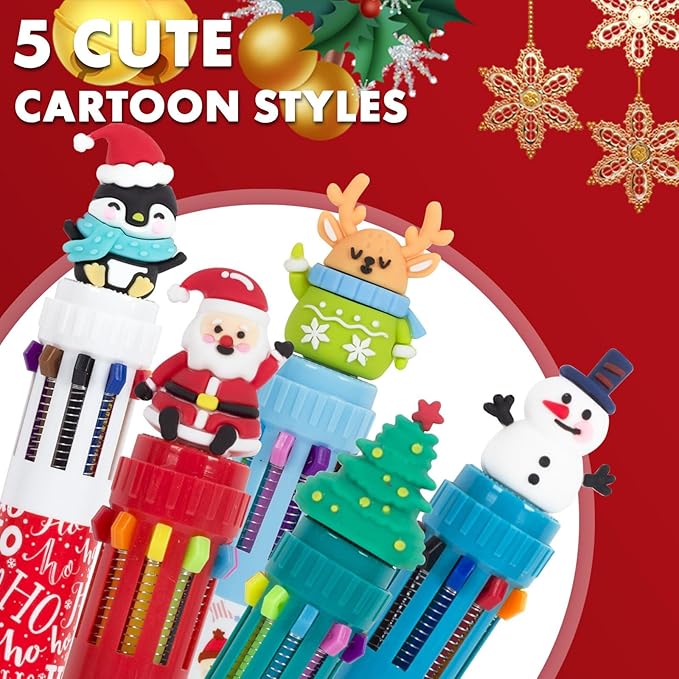 Cute Cartoon Christmas Multicolor Ballpoint Pen 0.7 mm, 10-in-1 Colored Pens Fine Point Retractable Ballpoint Pens for Office School Students Kids Birthday Gift, 5 Pack
