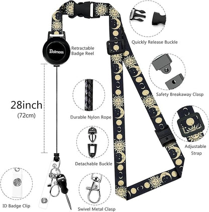bolimoss Sun and Moon Badge Holder with Retractable Reel and Detachable Lanyard Strap Leather Name Card Protector Adjustable Key Lanyards for Women Nurse Teacher Student